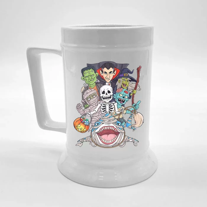 Skeleton Zombie Riding Mummy Shark Funny Halloween Pumpkin Front & Back Beer Stein