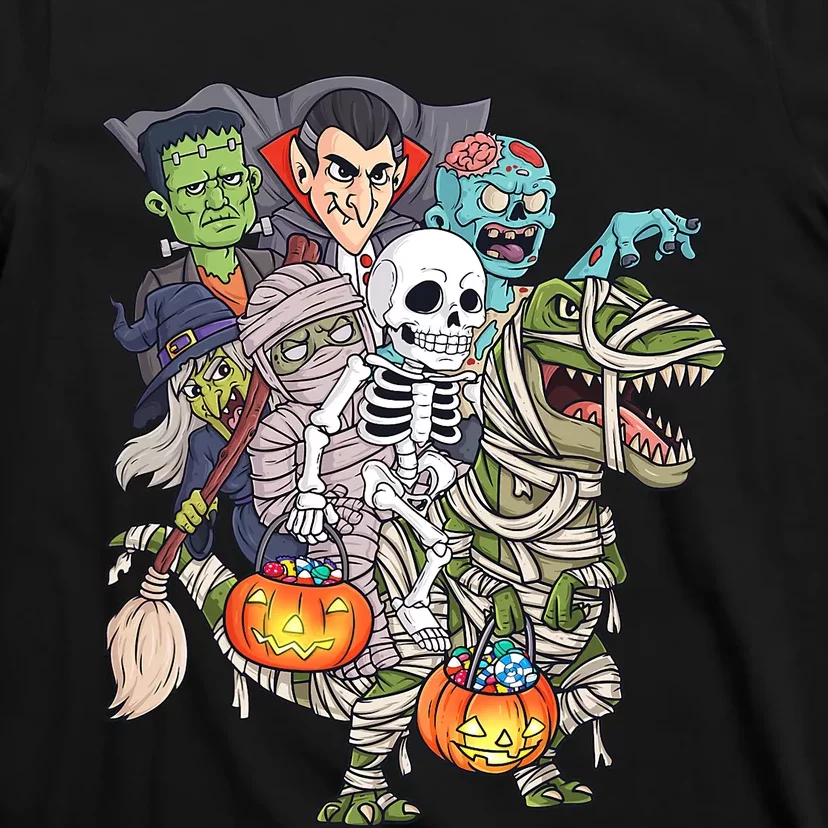 Skeleton Zombie Riding Mummy T Rex Funny Halloween Pumpkin T-Shirt