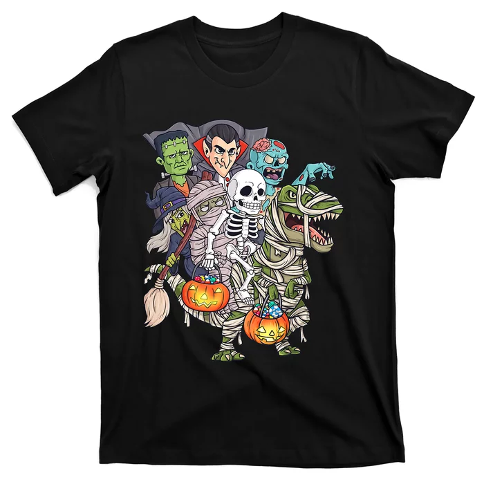 Skeleton Zombie Riding Mummy T Rex Funny Halloween Pumpkin T-Shirt