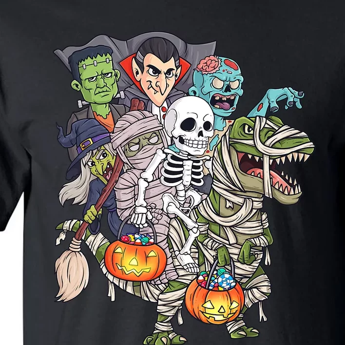 Skeleton Zombie Riding Mummy T Rex Funny Halloween Pumpkin Tall T-Shirt