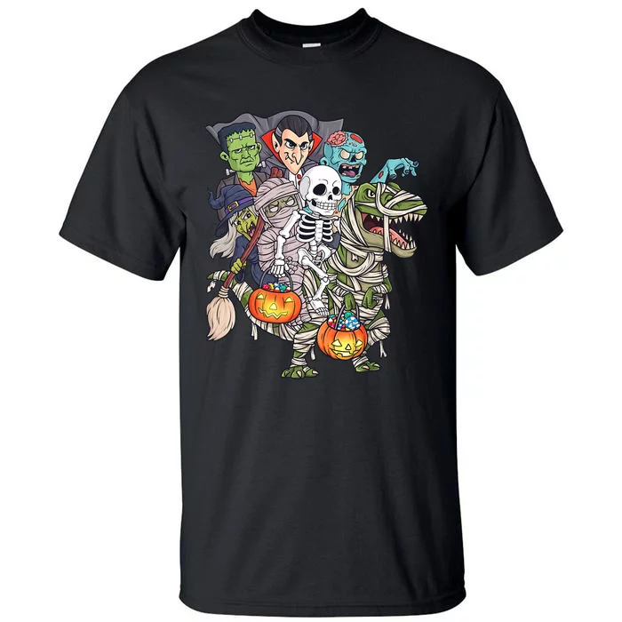 Skeleton Zombie Riding Mummy T Rex Funny Halloween Pumpkin Tall T-Shirt