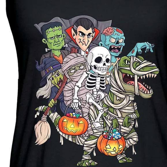 Skeleton Zombie Riding Mummy T Rex Funny Halloween Pumpkin Ladies Essential Flowy Tank