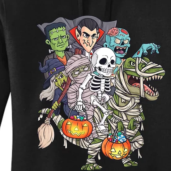 Skeleton Zombie Riding Mummy T Rex Funny Halloween Pumpkin Women's Pullover Hoodie