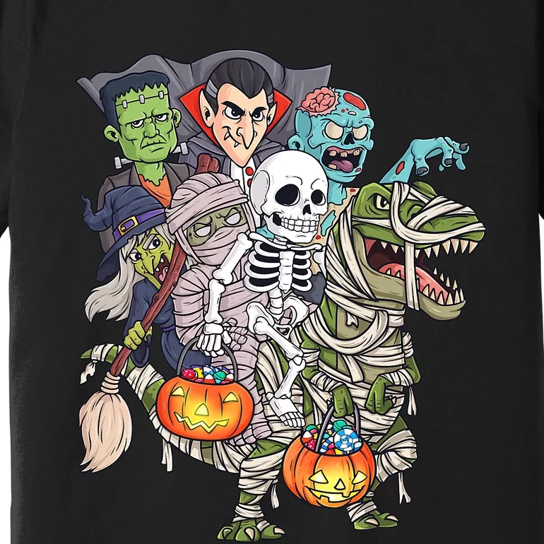 Skeleton Zombie Riding Mummy T Rex Funny Halloween Pumpkin Premium T-Shirt