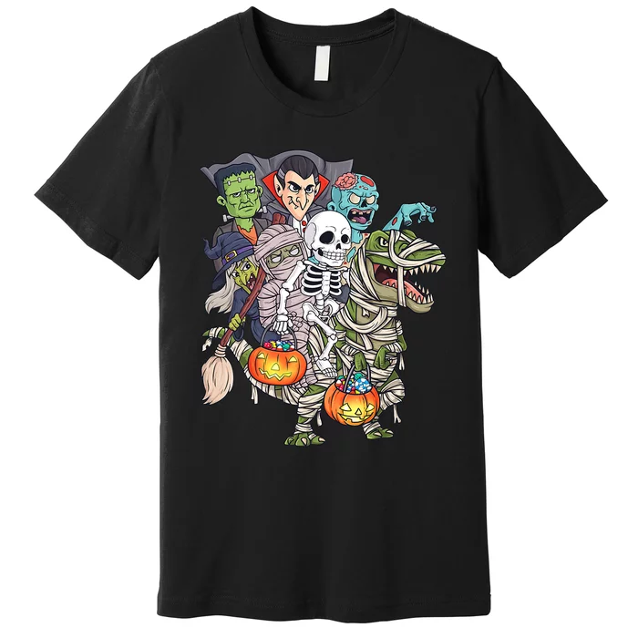 Skeleton Zombie Riding Mummy T Rex Funny Halloween Pumpkin Premium T-Shirt