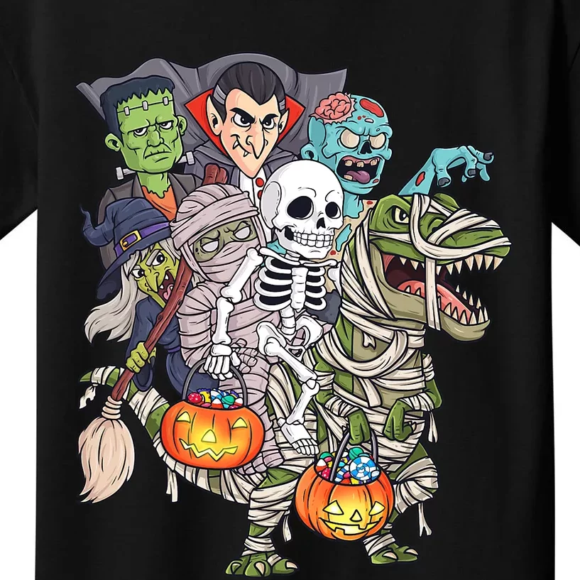 Skeleton Zombie Riding Mummy T Rex Funny Halloween Pumpkin Kids T-Shirt