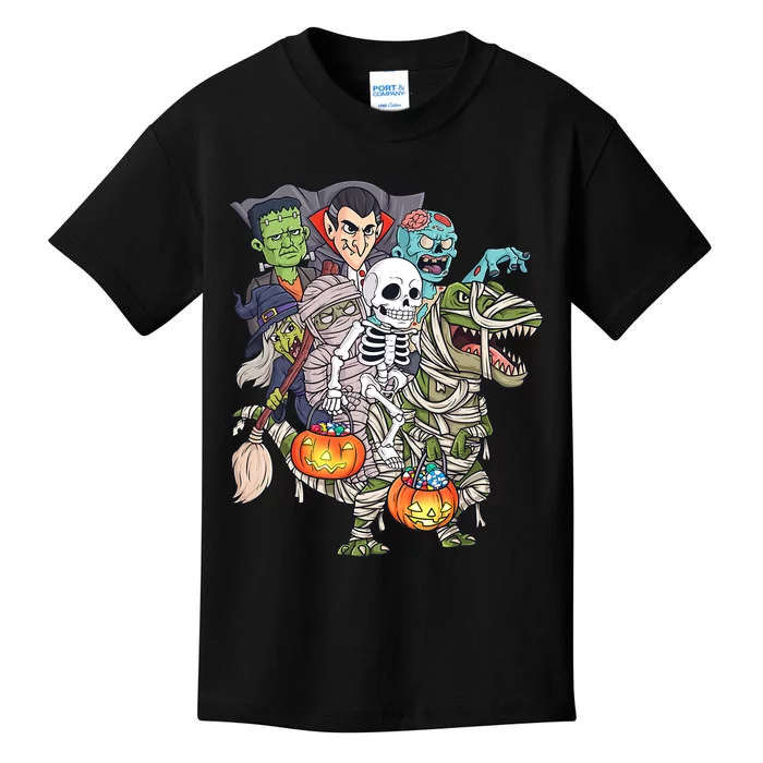 Skeleton Zombie Riding Mummy T Rex Funny Halloween Pumpkin Kids T-Shirt