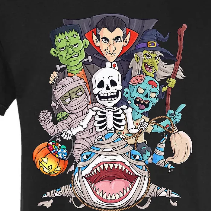 Skeleton Zombie Riding Mummy Shark Funny Halloween Pumpkin Garment-Dyed Heavyweight T-Shirt