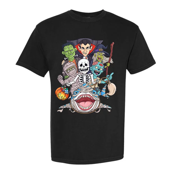 Skeleton Zombie Riding Mummy Shark Funny Halloween Pumpkin Garment-Dyed Heavyweight T-Shirt