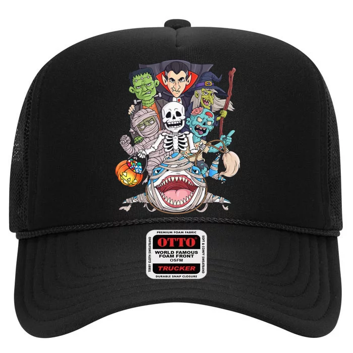 Skeleton Zombie Riding Mummy Shark Funny Halloween Pumpkin High Crown Mesh Trucker Hat