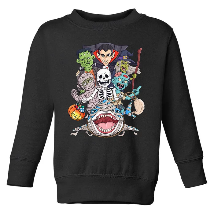 Skeleton Zombie Riding Mummy Shark Funny Halloween Pumpkin Toddler Sweatshirt