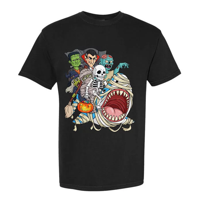 Skeleton Zombie Riding Mummy Shark Vampire Halloween Pumpkin Garment-Dyed Heavyweight T-Shirt