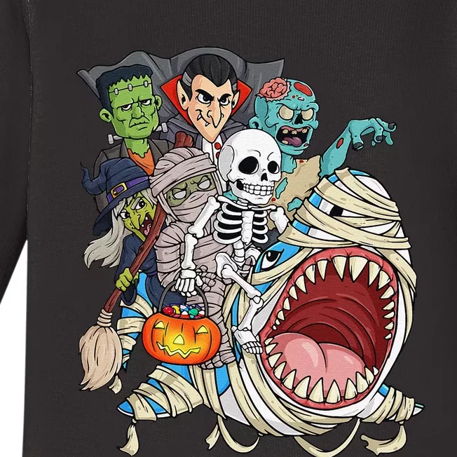 Skeleton Zombie Riding Mummy Shark Vampire Halloween Pumpkin Baby Long Sleeve Bodysuit