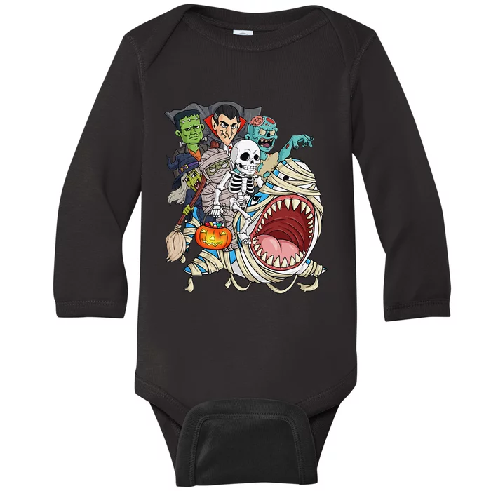 Skeleton Zombie Riding Mummy Shark Vampire Halloween Pumpkin Baby Long Sleeve Bodysuit