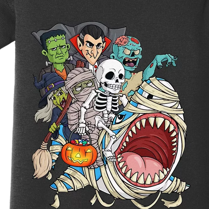 Skeleton Zombie Riding Mummy Shark Vampire Halloween Pumpkin Baby Bodysuit