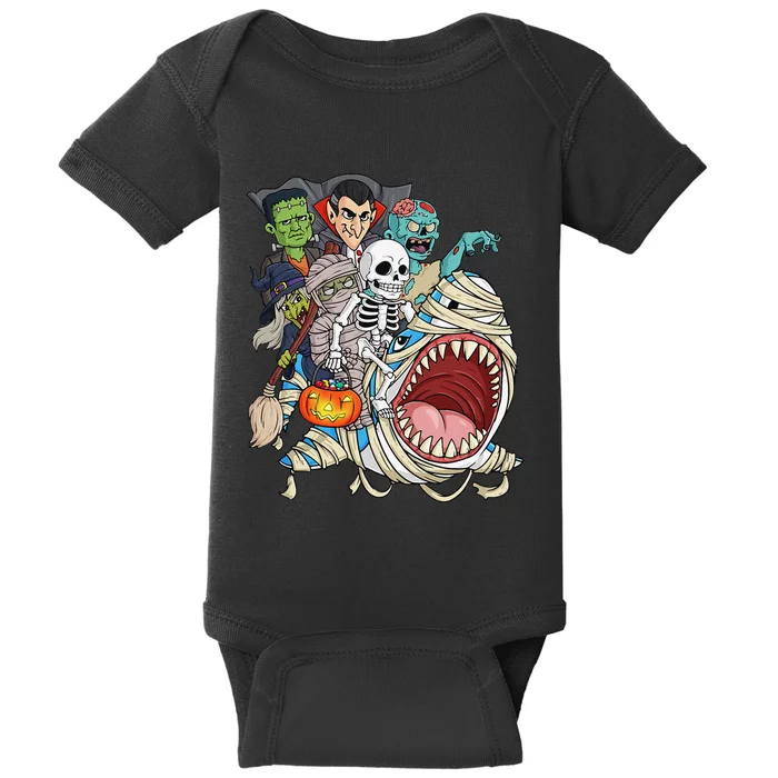 Skeleton Zombie Riding Mummy Shark Vampire Halloween Pumpkin Baby Bodysuit