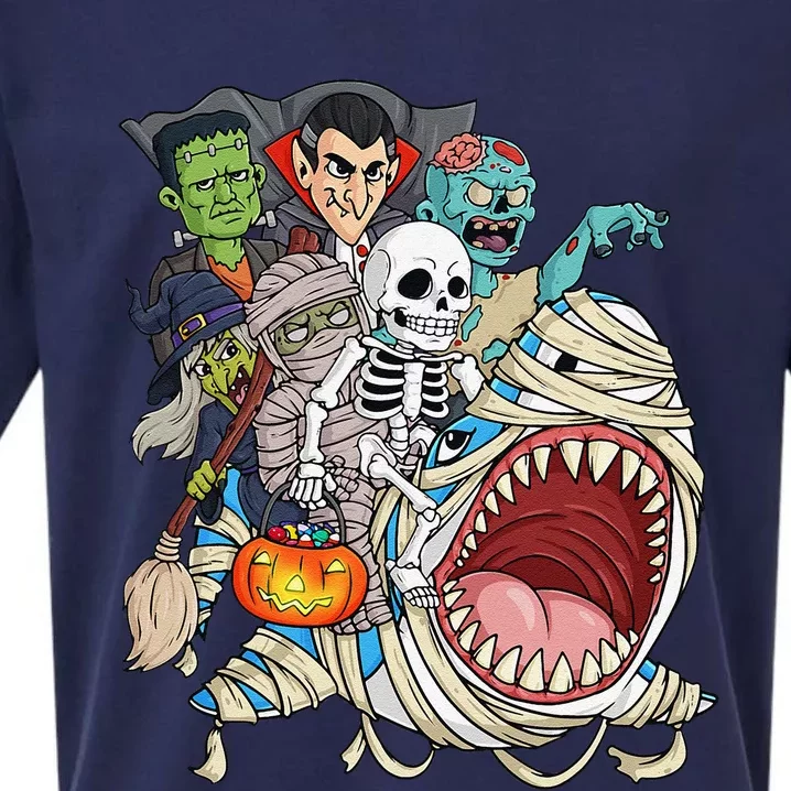 Skeleton Zombie Riding Mummy Shark Vampire Halloween Pumpkin Sueded Cloud Jersey T-Shirt