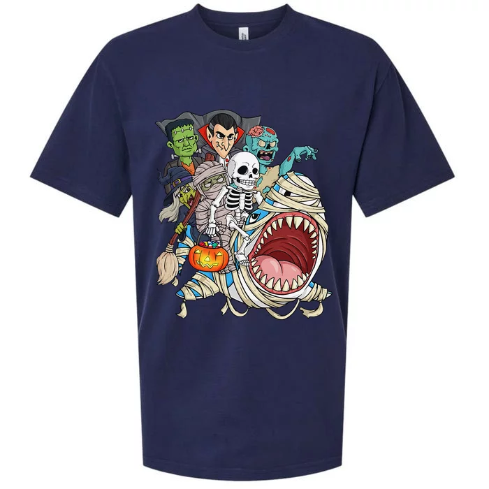 Skeleton Zombie Riding Mummy Shark Vampire Halloween Pumpkin Sueded Cloud Jersey T-Shirt