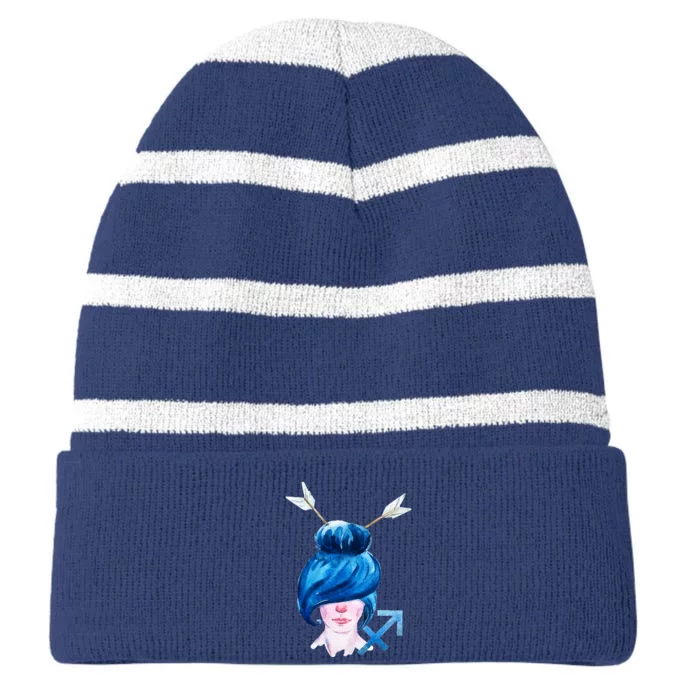 Sagitarius Zodiac Sign Watercolor Illustration Striped Beanie with Solid Band