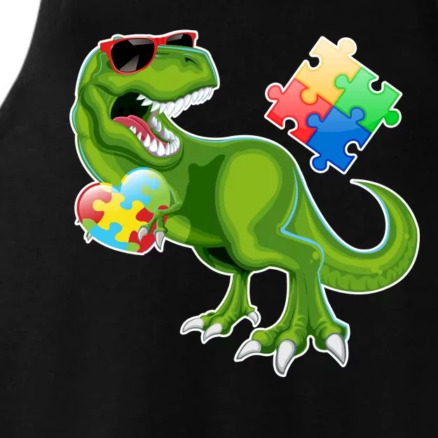 T-Rex Autism Awareness Puzzle Dinosaur Ladies Tri-Blend Wicking Tank