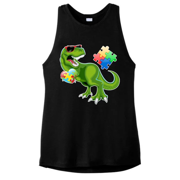 T-Rex Autism Awareness Puzzle Dinosaur Ladies Tri-Blend Wicking Tank