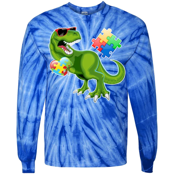 T-Rex Autism Awareness Puzzle Dinosaur Tie-Dye Long Sleeve Shirt