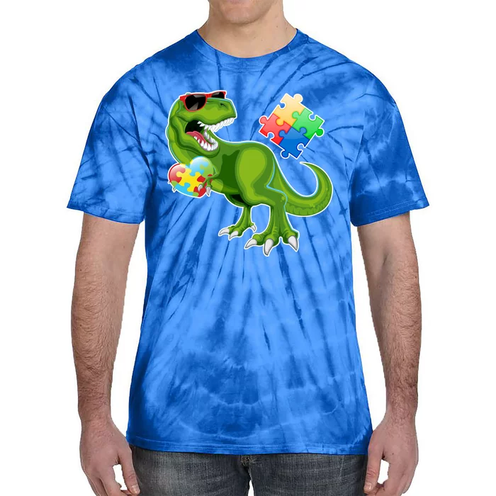 T-Rex Autism Awareness Puzzle Dinosaur Tie-Dye T-Shirt