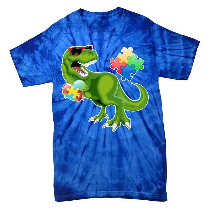 T-Rex Autism Awareness Puzzle Dinosaur Tie-Dye T-Shirt