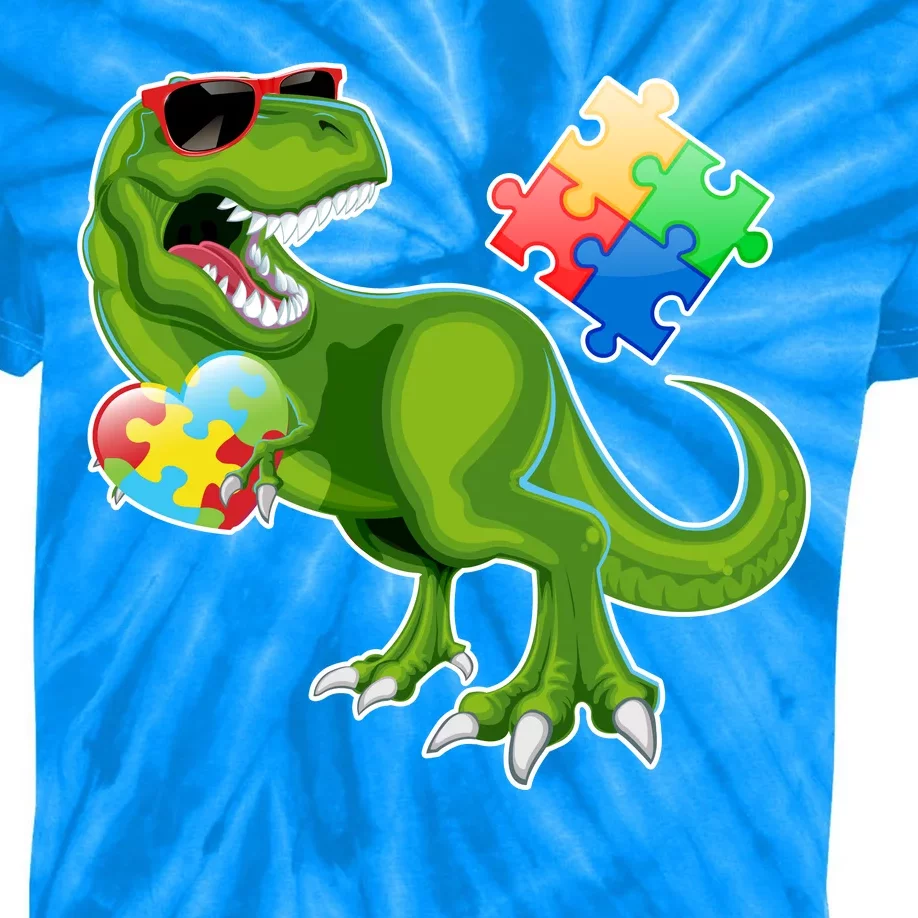 T-Rex Autism Awareness Puzzle Dinosaur Kids Tie-Dye T-Shirt