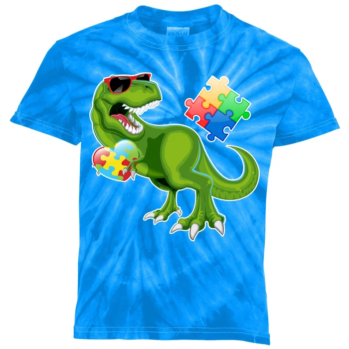 T-Rex Autism Awareness Puzzle Dinosaur Kids Tie-Dye T-Shirt