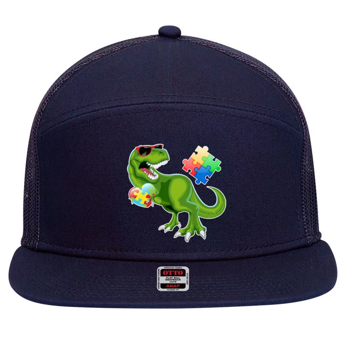 T-Rex Autism Awareness Puzzle Dinosaur 7 Panel Mesh Trucker Snapback Hat