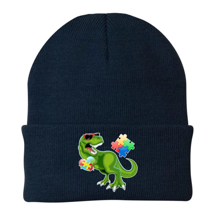 T-Rex Autism Awareness Puzzle Dinosaur Knit Cap Winter Beanie