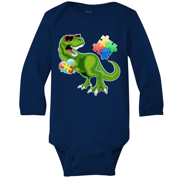 T-Rex Autism Awareness Puzzle Dinosaur Baby Long Sleeve Bodysuit