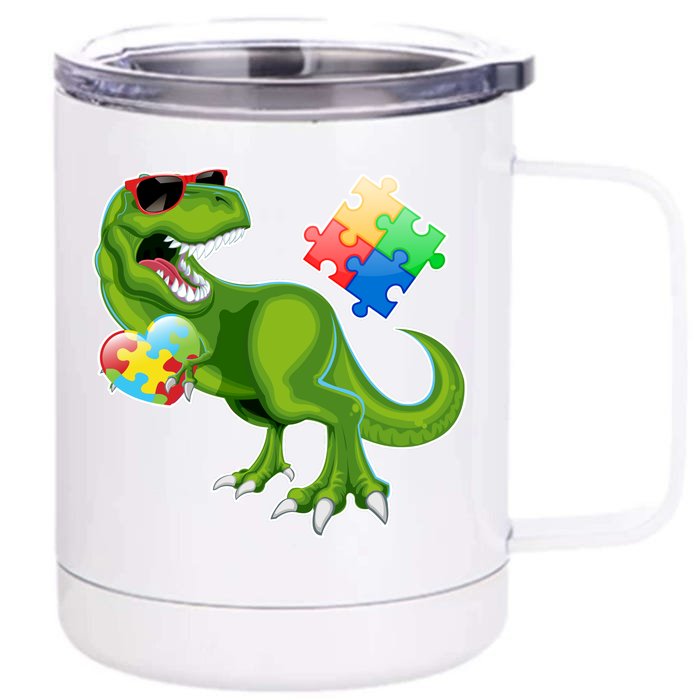 T-Rex Autism Awareness Puzzle Dinosaur Front & Back 12oz Stainless Steel Tumbler Cup