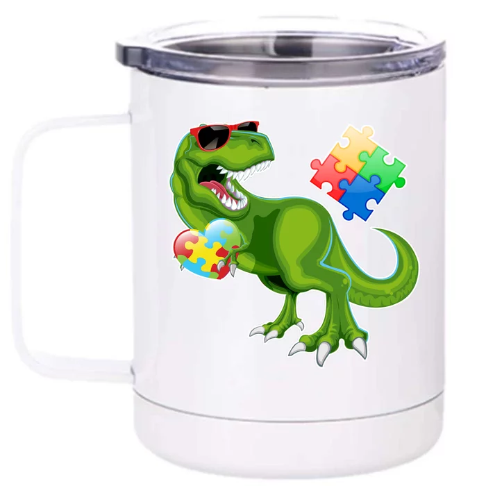 T-Rex Autism Awareness Puzzle Dinosaur Front & Back 12oz Stainless Steel Tumbler Cup