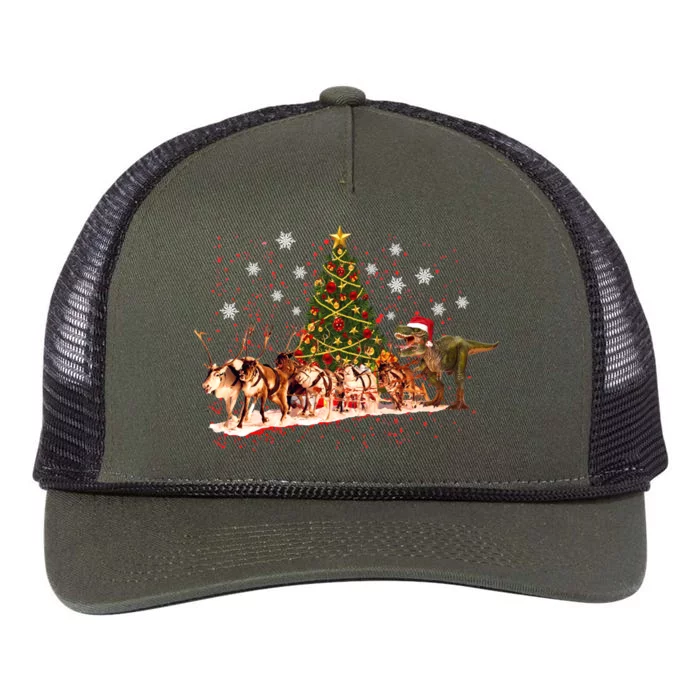 T-Rex Chasing Reindeer Funny Christmas Retro Rope Trucker Hat Cap