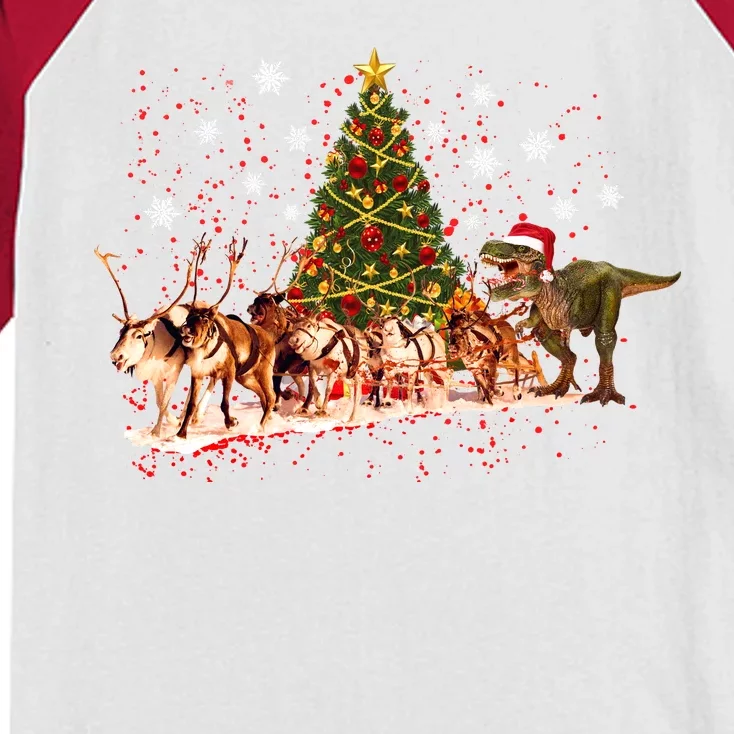 T-Rex Chasing Reindeer Funny Christmas Kids Colorblock Raglan Jersey