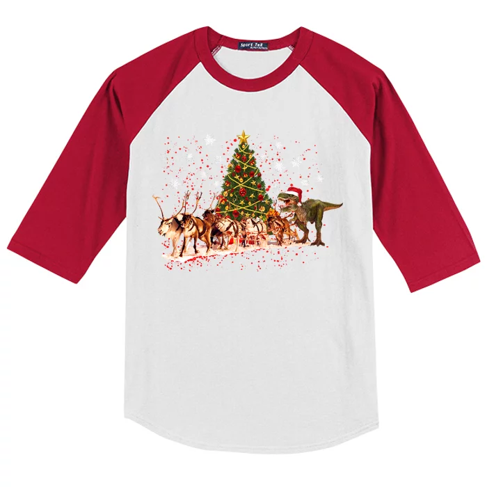 T-Rex Chasing Reindeer Funny Christmas Kids Colorblock Raglan Jersey