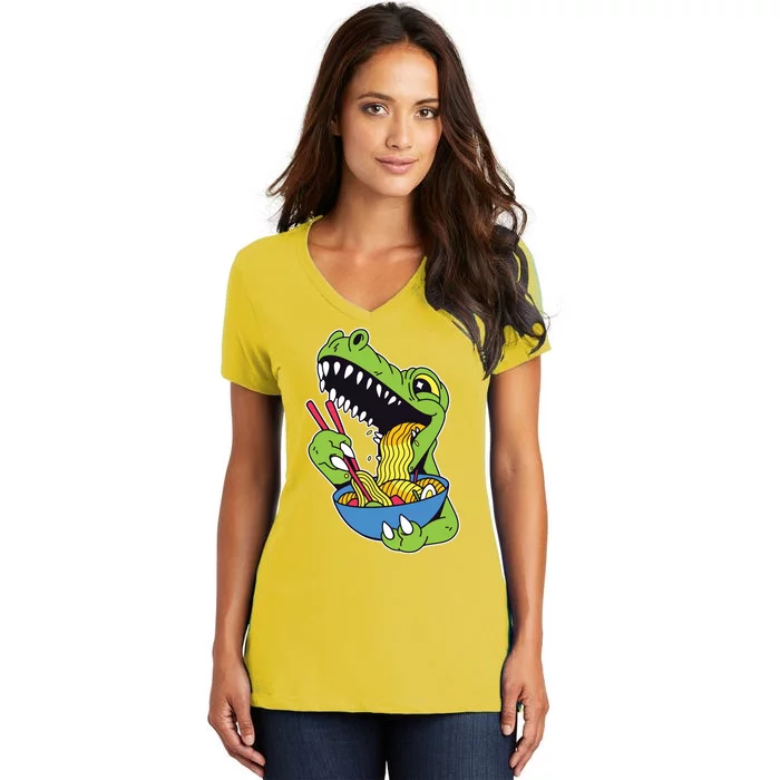 T-Rex Eating Ramen Women's V-Neck T-Shirt