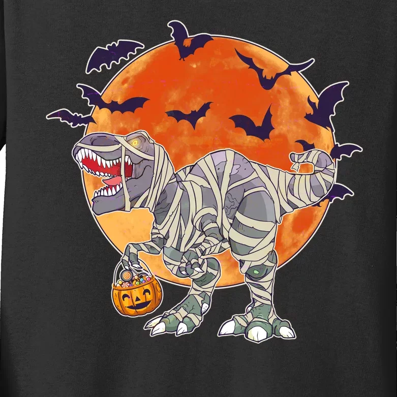 T-Rex Mummy Attack Spooky Halloween Kids Long Sleeve Shirt