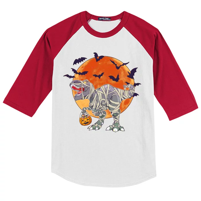 T-Rex Mummy Attack Spooky Halloween Kids Colorblock Raglan Jersey