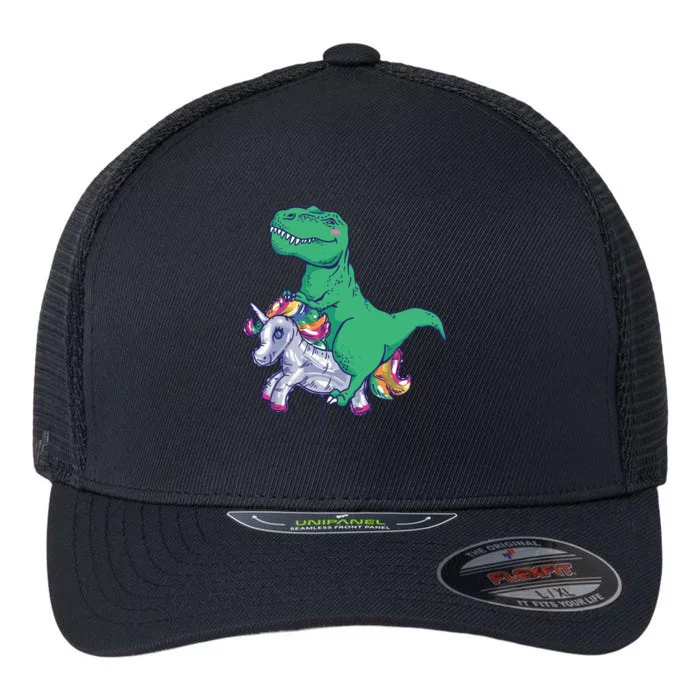 T-Rex Riding Unicorn Flexfit Unipanel Trucker Cap