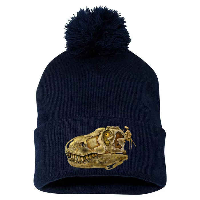 T-Rex Skull Skeleton Head Pom Pom 12in Knit Beanie