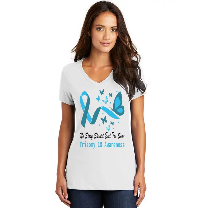 Trisomy 18 Awareness Butterfly Support Light Blue Ribbon Women's V-Neck T-Shirt