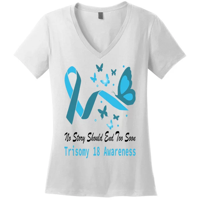 Trisomy 18 Awareness Butterfly Support Light Blue Ribbon Women's V-Neck T-Shirt