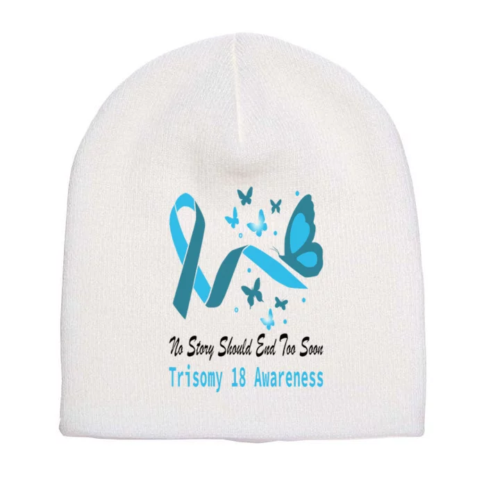 Trisomy 18 Awareness Butterfly Support Light Blue Ribbon Short Acrylic Beanie