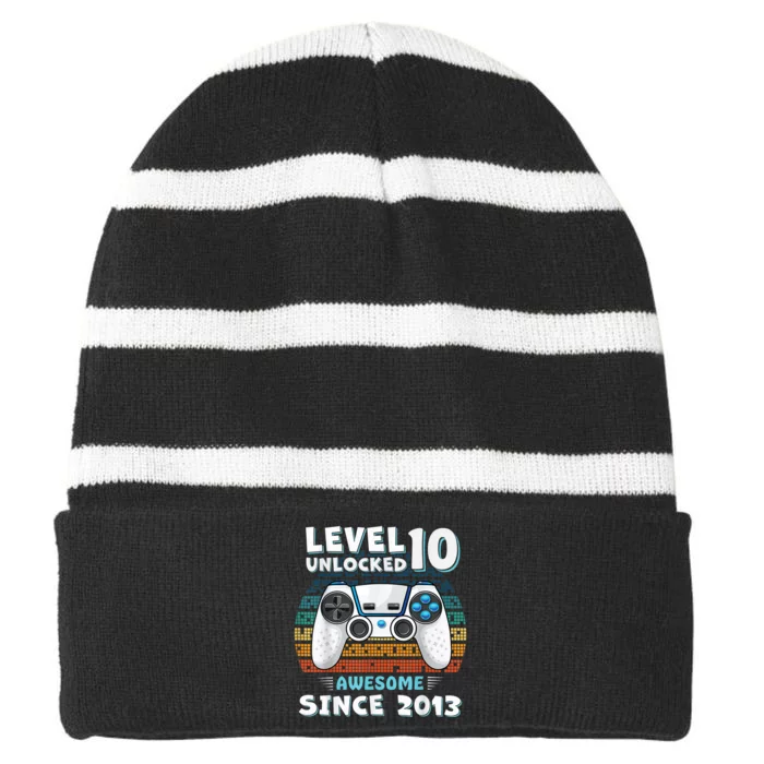 Ten 10yr BDay Son Boy Funny Gamer 10th 10 Year Old Birthday Striped Beanie with Solid Band