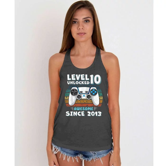 Ten 10yr BDay Son Boy Funny Gamer 10th 10 Year Old Birthday Women's Knotted Racerback Tank