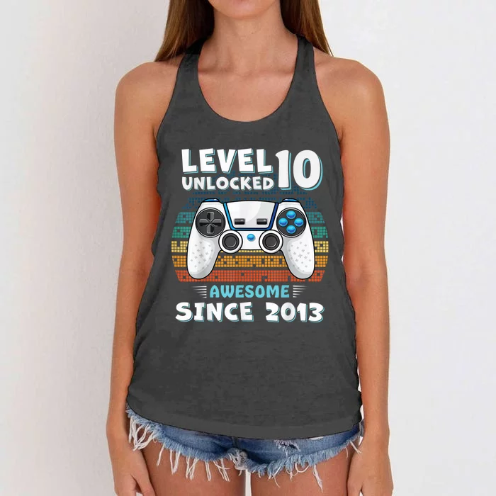 Ten 10yr BDay Son Boy Funny Gamer 10th 10 Year Old Birthday Women's Knotted Racerback Tank