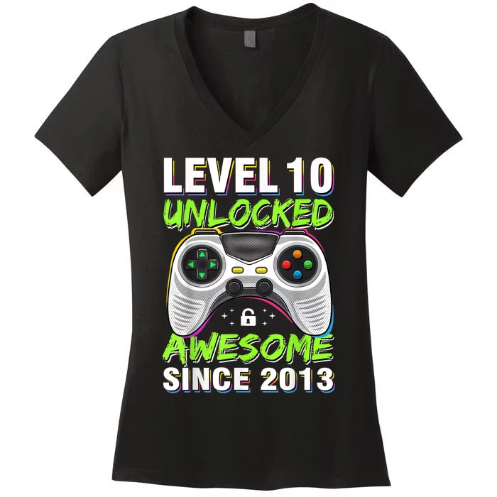 Ten 10yr BDay Son Boy Funny Gamer 10th 10 Year Old Birthday Women's V-Neck T-Shirt